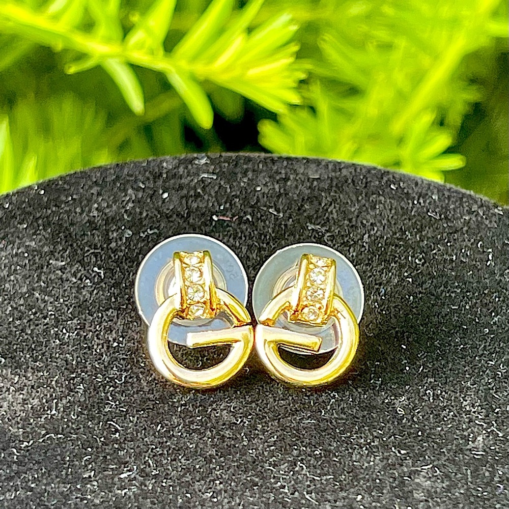 Givenchy Vintage G Logo Crystal Rhinestone Gold Tone Pierced Stud Earrings